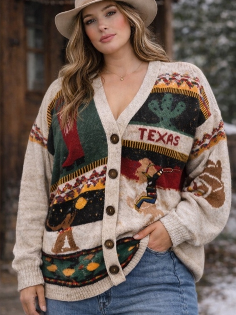 Vintage Sweater Loft XL Texas Rodeo Western Cowboy Horse Graphic Button Cardigan